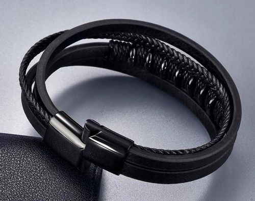Bransoletka czarna punk warkocz męska stal skóra  B8_Czarny na Arena.pl