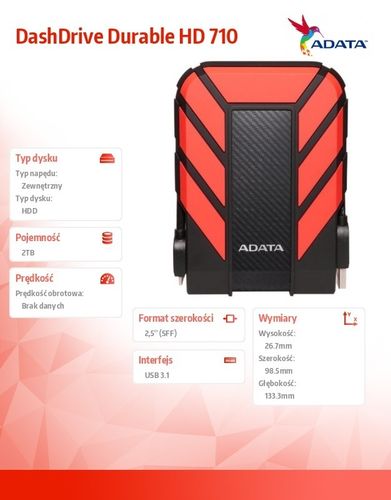 Adata DashDrive Durable HD710 2TB 2.5'' USB3.1 Czerwony na Arena.pl