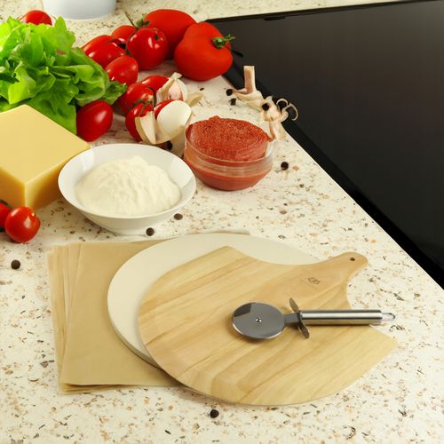 ZESTAW KAMIEŃ Z KORDIERYTU DO PIECZENIA PIZZY 33CM + AKCESORIA NÓŻ DESKA na Arena.pl