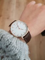 Klasyczny damski zegarek brązowy, skórzany pasek złota koperta, tarcza biała