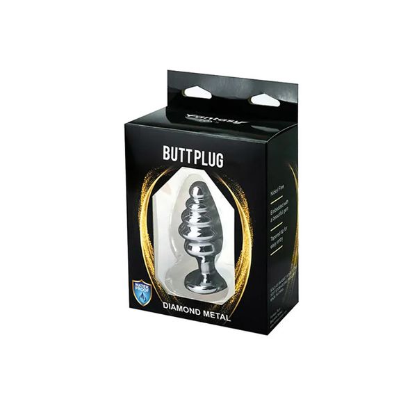 Silver Medium Ribbed Butt Plug With White Crystal zdjęcie 3