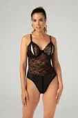 christine vesper - body damskie z efektem wetlook i koronką, czarne s/m