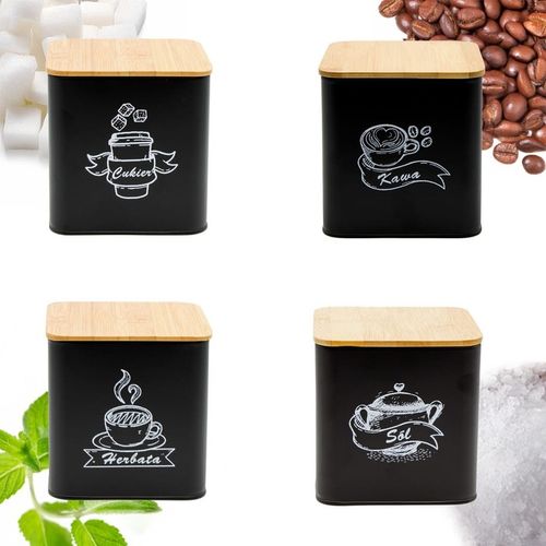 POJEMNIKI KOMPLET KAWA HERBATA CUKIER SÓL CZARNY METALOWY BAMBUS ZESTAW na Arena.pl