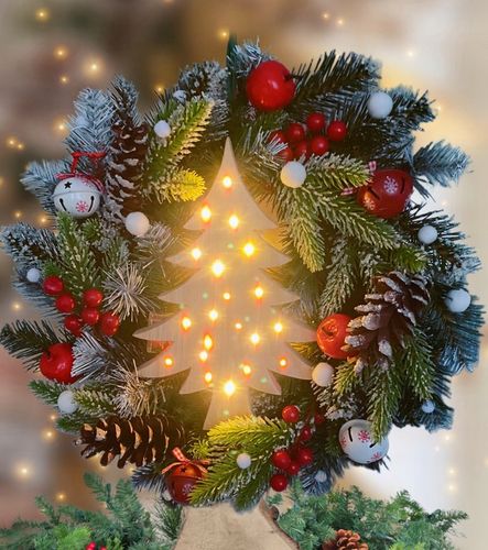 HANDMADE 37 Wianek świąteczny choinka led wieniec stroik na drzwi DREWNO na Arena.pl