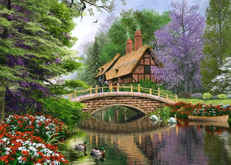 Puzzle 1000 elementów. Domek nad rzeką zdjęcie 2