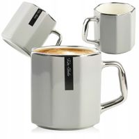 PORCELANOWY KUBEK NA KAWĘ HERBATĘ JASNY SZARY Z SREBRNYM UCHEM 370 ML