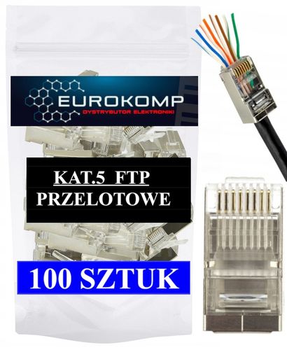 100x KOŃCÓWKI WTYK WTYKI RJ45 8P8C FTP KAT5e PRZELOTOWE EUROKOMP EKRANOWANE na Arena.pl