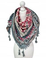 Chustka apaszka z frędzlami folk szary beżowy 110 x 110cm 58