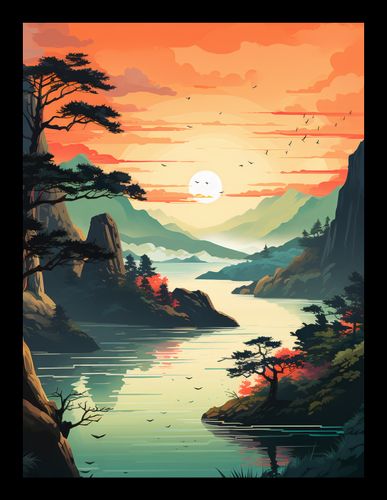 Plakat 15x20cm Zachodzące Słońce nad Spokojnym Jeziorem na Arena.pl