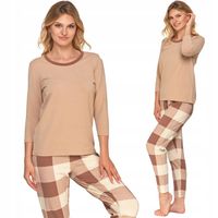 Moraj Bawełniana Piżama Damska w Dużą Kratę z Rękawem 3/4 Beż 4800-008 2XL