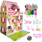 DUŻY DREWNIANY DOMEK DLA LALEK MEBLE + LALKI + LED