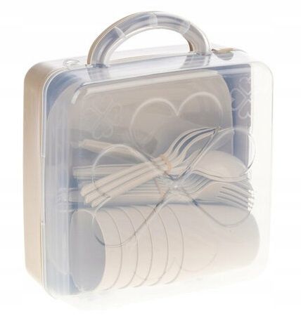 ZESTAW PIKNIKOWY 32 ELEMENTY KUBKI SZTUĆCE POJEMNIK PRZENOŚNY na Arena.pl