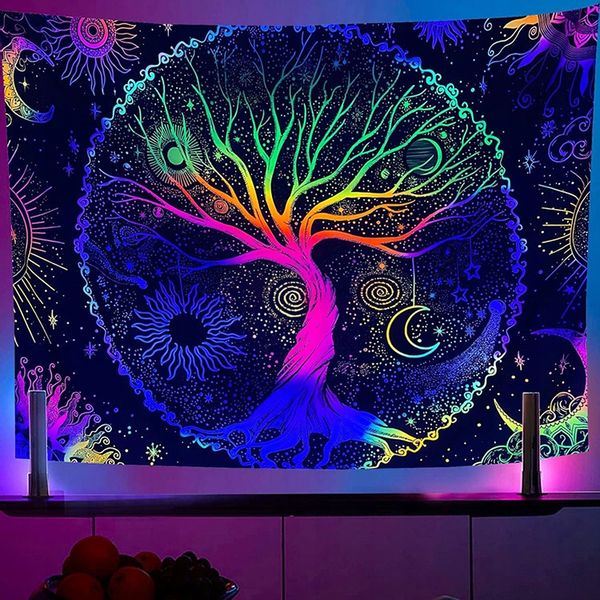 Dekoracja ŚCIENNA UV OBRAZ Fluorescencyjny ODBLASK Tęczowe Drzewo zdjęcie 2