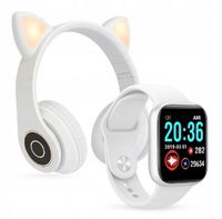 BIAŁY SMARTWATCH + SŁUCHAWKI KOCIE USZY BEZPRZEWODOWE LED