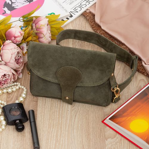 VERA PELLE torebka damska zamszowa listonoszka instagramka V694 oliwkowa na Arena.pl