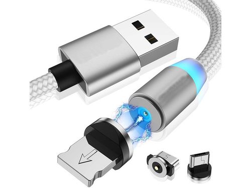 MAGNETYCZNY SREBRNY KABEL 3W1 ŁADOWAIE MICRO TYP- C USB LIGHTNING 1M na Arena.pl