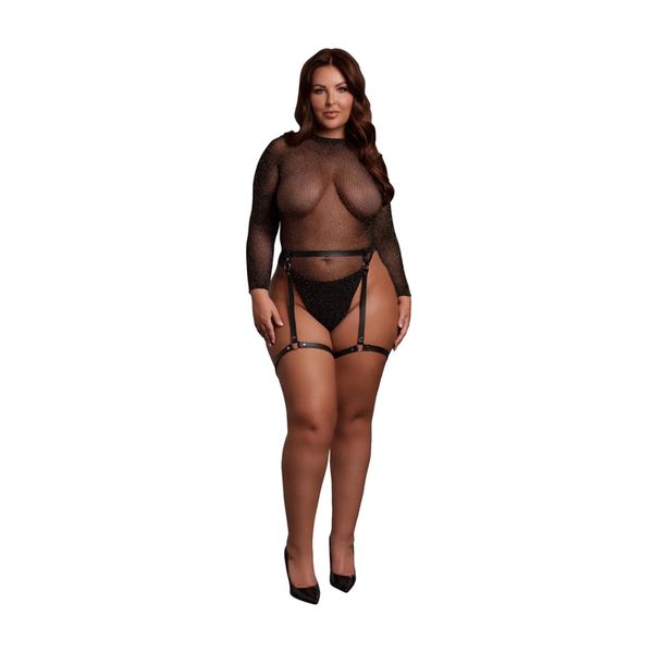Shimmering Open-Back Bodysuit With Pu Leather Garters - Plus Size - zdjęcie 1