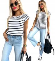 Wygodna bawełniana BLUZKA DAMSKA T-SHIRT krótki rękaw modny print paski