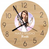 Bambusowy ZEGAR ścienny nadruk UV SALON STYLIZACJI PAZNOKCI + nazwa firmy