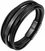 Bransoletka Skórzana Czarna Męska Stal Szlachetna