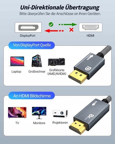 KABEL DISPLAYPORT - HDMI 2.1 PRZEWÓD ADAPTER DISPLAY DP 8K 4K 120HZ HDR 2M na Arena.pl