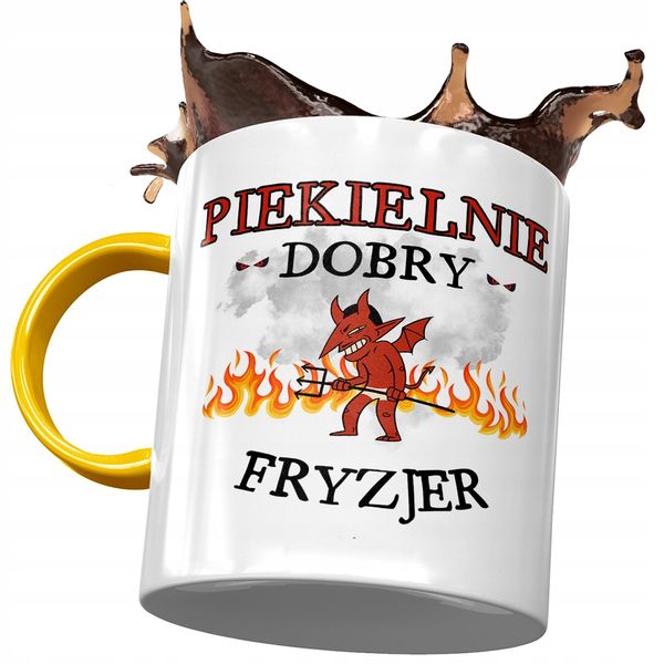 Kubek Żółty Dla Fryzjera Piekielnie Dobry Fryzjer Z Nadrukiem Ze Zdjęciem zdjęcie 1