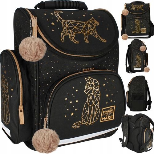 TORNISTER SZKOLNY PLECAK DLA DZIEWCZYNKI KOT KOTEK CZARNY ZŁOTY na Arena.pl