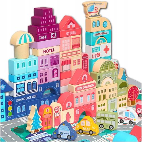 DREWNIANE KLOCKI ZESTAW DROGA MIASTO AUTA 115 ELEMENTÓW MATA PUZZLE na Arena.pl