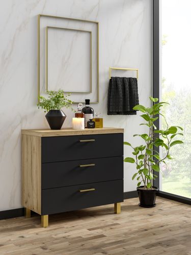 Komoda Nela 60 z 3 szufladami blat 32 czarny/dąb craft złoty (W5) na Arena.pl