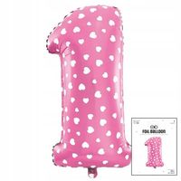 BALON FOLIOWY CYFRĄ CYFERKA 1 RÓŻOWA W KROPKI NA IMPREZE URODZINOWĄ 40cm