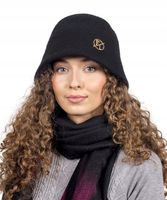 Czarny Kapelusz Bucket Czapka Damski Wełniany Elegancki Gładki