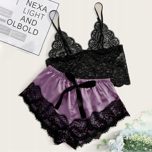 SATYNOWY KOMPLET SEXY BIELIZNA PIŻAMA TOP KOSZULKA NOCNA KORONKA SPODENKI na Arena.pl