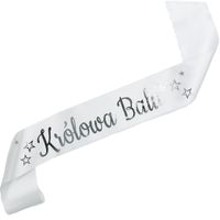Królowa Balu - biała szarfa ze srebrnym nadrukiem