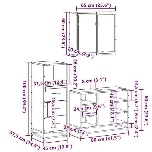 3-częściowy zestaw mebli łazienkowych, szary dąb sonoma na Arena.pl