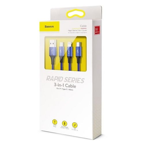 Kabel USB Baseus Rapid 3w1 Typ C / Lightning / Micro 3A 1,2M - niebieski na Arena.pl