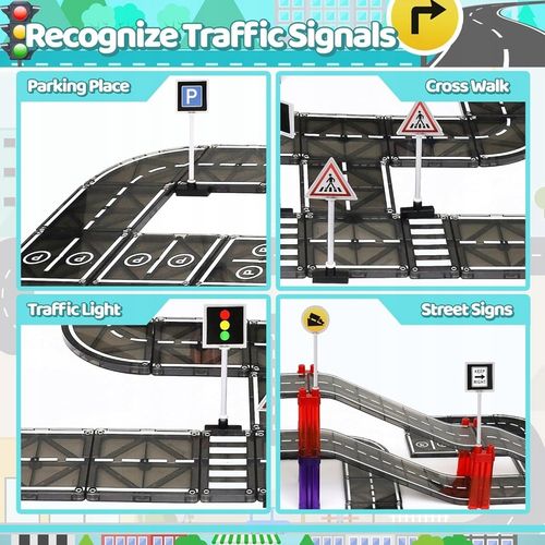 KLOCKI MAGNETYCZNE TOR SAMOCHODOWY DROGA ZNAKI DLA DZIECI PLAYMAGS 130 EL na Arena.pl