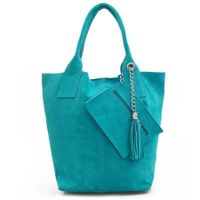 VERA PELLE torebka damska zamszowa worek shopper z saszetką V093 turkusowa