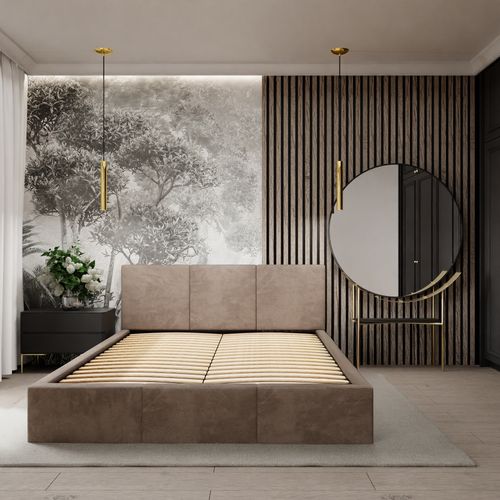 ŁÓŻKO TAPICEROWANE DO SYPIALNI 160x200 ŁÓŻKO PODWÓJNE Z POJEMNIKIEM BEŻOWE na Arena.pl