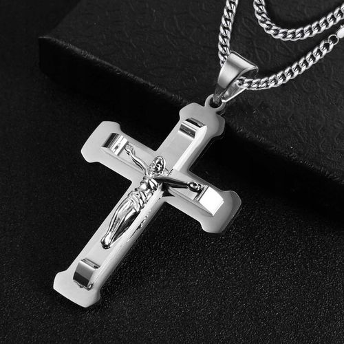 Naszyjnik srebrny duży krzyż krzyżyk Jezus stal szlachetna 316L 50 cm na Arena.pl