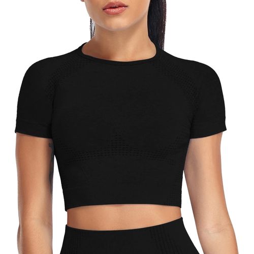 Damski Crop Top Sportowy do Jogi Modelujący Czarny M Bezszwowy Kompresyjny na Arena.pl