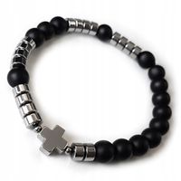 RÓŻANIEC NA RĘKĘ MĘSKA BRANSOLETKA DZIESIĄTKA krzyżyk onyks srebrny hematyt