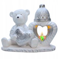 ZNICZ GIPSOWA FIGURKA NAGROBNA Srebrny Miś Serce Lampka LED GIPS Latarenka