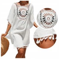 PAREO letnia sukienka plażowa NARZUTKA tunika BOHO biała frędzelki KORONKA