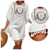 PAREO letnia sukienka plażowa NARZUTKA tunika BOHO biała frędzelki KORONKA