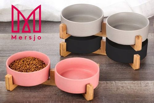 MISKA CERAMICZNA PODWÓJNA DLA PSA I KOTA 2 MISKI DREWNIANA PODSTAWA 2x400ml na Arena.pl