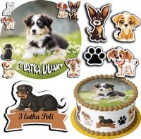 ZESTAW OPŁATEK NA TORT 30CM + 17 POSTACI - PSY PIESEK PIES + IMIĘ 24CM 26CM