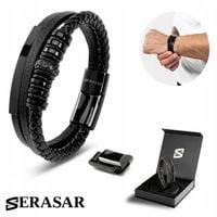 SERASAR, Męska Skórzana Bransoletka [Shine] Czarna, 23cm