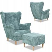 Fotel uszak Bonito podnóżkiem skandynawski Family Mebl sztruks miętowy