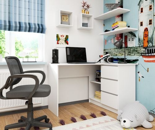 BIURKO NAROŻNE B16 124 cm PRAWE 3 SZUFLADY BIAŁE na Arena.pl