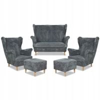 Zestaw wypoczynkowy uszak Bonito sofa fotele pufy Family Meble szary sztruk